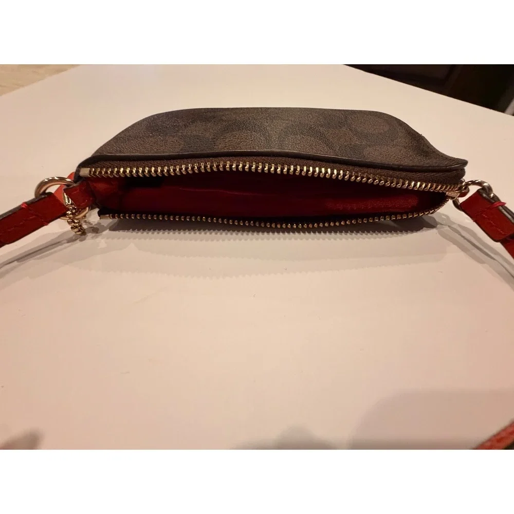 Coach Signature Brown and Orange Stripe Corner Zip Wristlet Small Bag